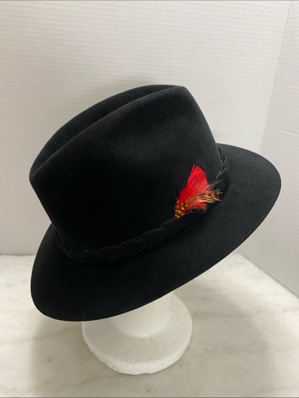 Black Mr Johns the playboy Stetson with Red Feather Accent